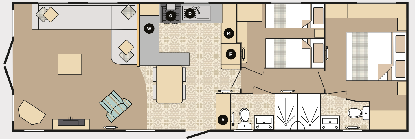 New Carnaby Lakehouse Lodge Static Caravan 40x13 2 bed floor plan